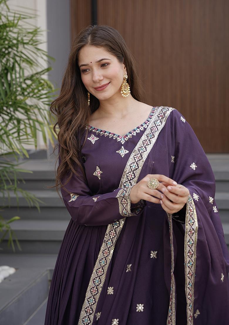 Violet Printed Silk Salwar Suit - Indya