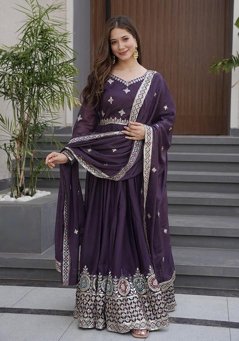 Violet Printed Silk Salwar Suit