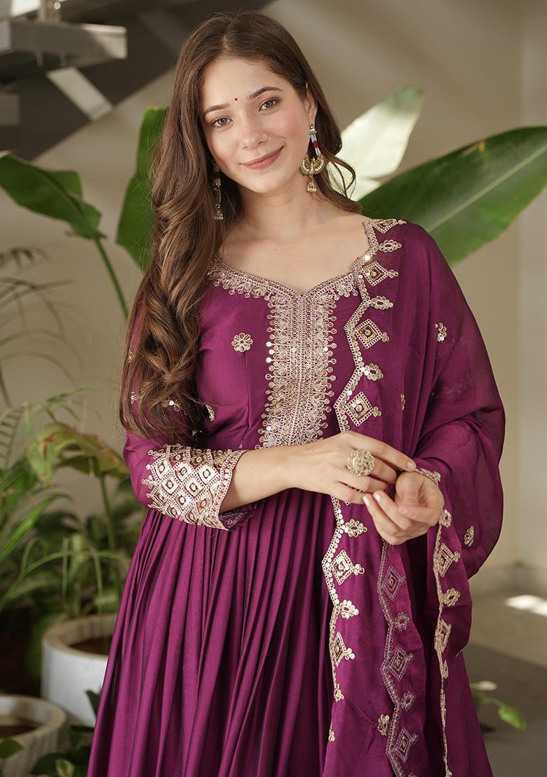 Rani Pink Printed Silk Salwar Suit - Indya