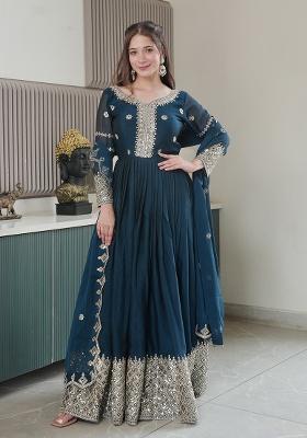 Teal Printed Silk Salwar Suit