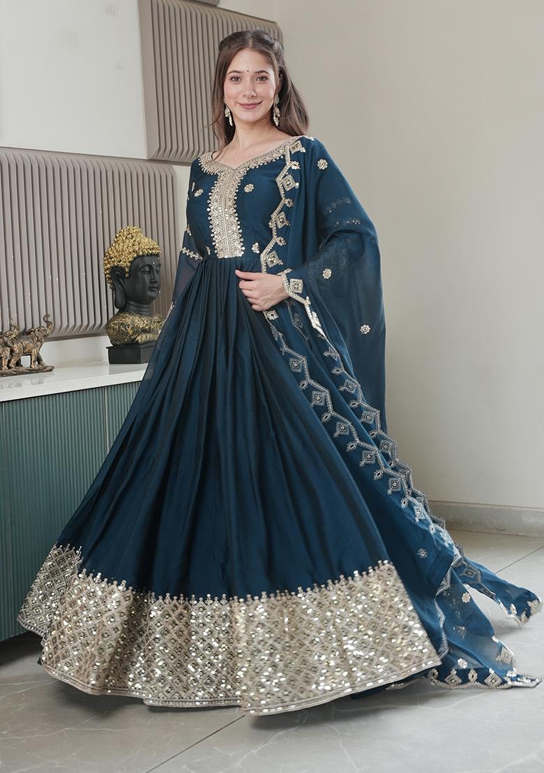 Teal Printed Silk Salwar Suit - Indya