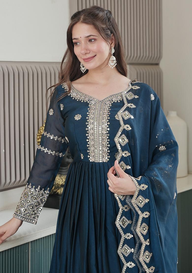 Teal Printed Silk Salwar Suit - Indya