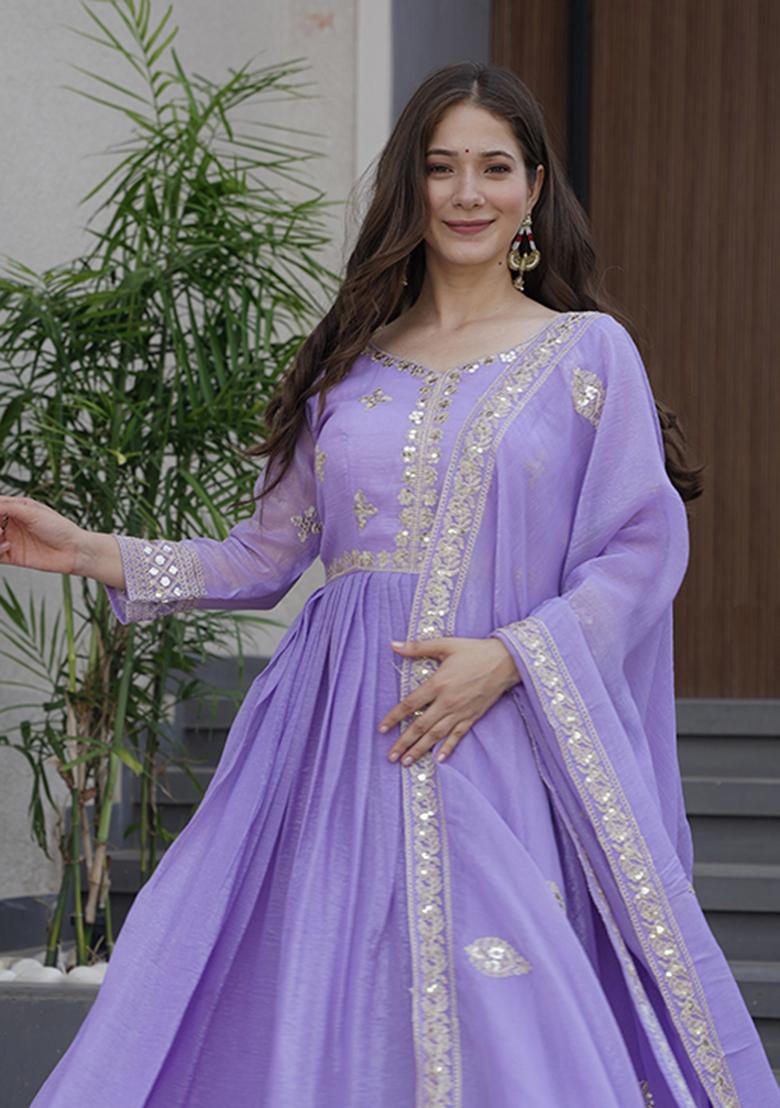 Lavender Printed Silk Salwar Suit - Indya