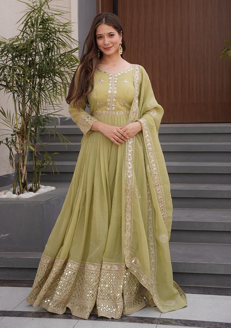 Olive Printed Silk Salwar Suit - Indya