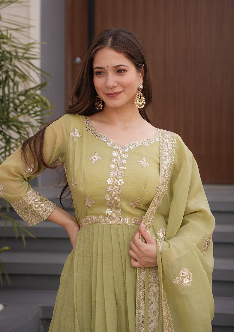 Olive Printed Silk Salwar Suit - Indya