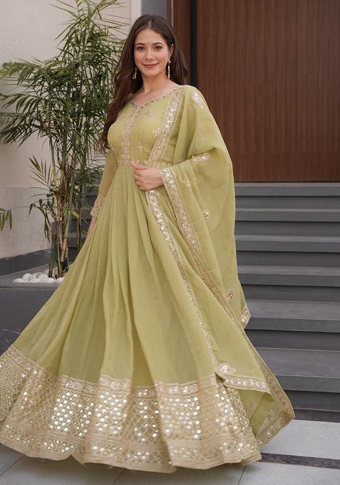 Olive Printed Silk Salwar Suit