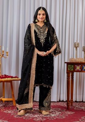 Black Printed Velvet Salwar Suit