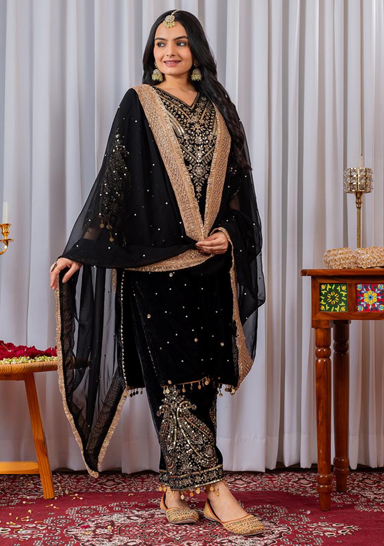 Black Printed Velvet Salwar Suit - Indya