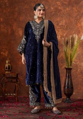 Blue Printed Velvet Salwar Suit