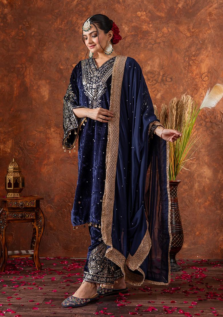 Blue Printed Velvet Salwar Suit - Indya