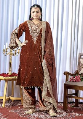 Brown Printed Velvet Salwar Suit