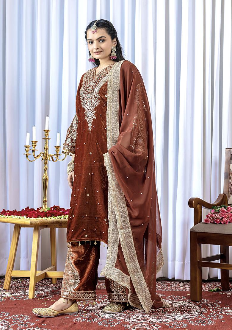 Brown Printed Velvet Salwar Suit - Indya