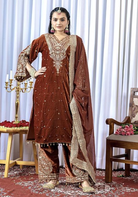 Brown Printed Velvet Salwar Suit