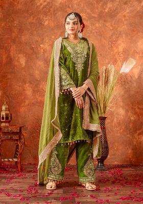 Green Printed Velvet Salwar Suit