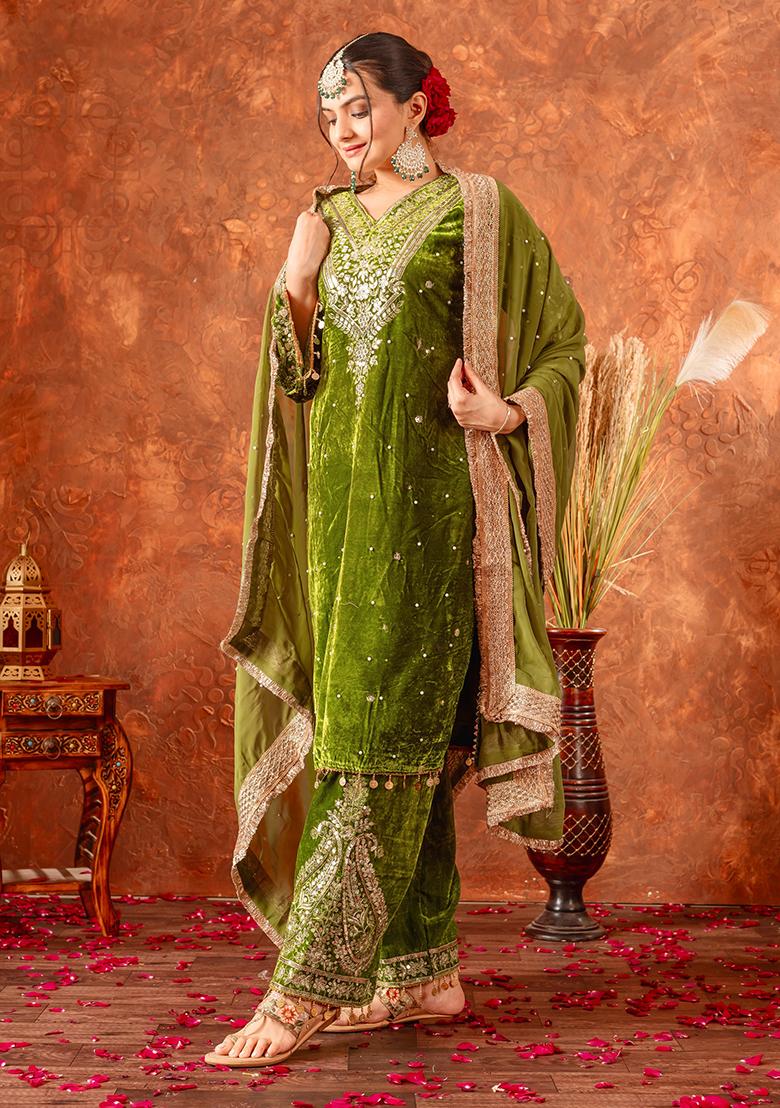 Green Printed Velvet Salwar Suit - Indya