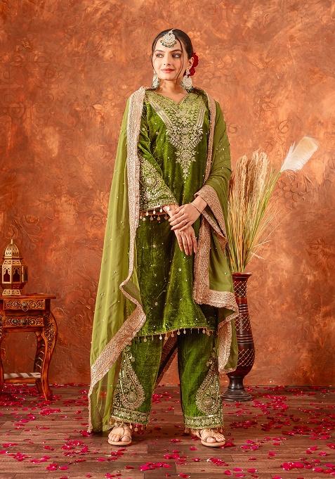 Green Printed Velvet Salwar Suit
