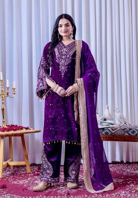 Purple Printed Velvet Salwar Suit