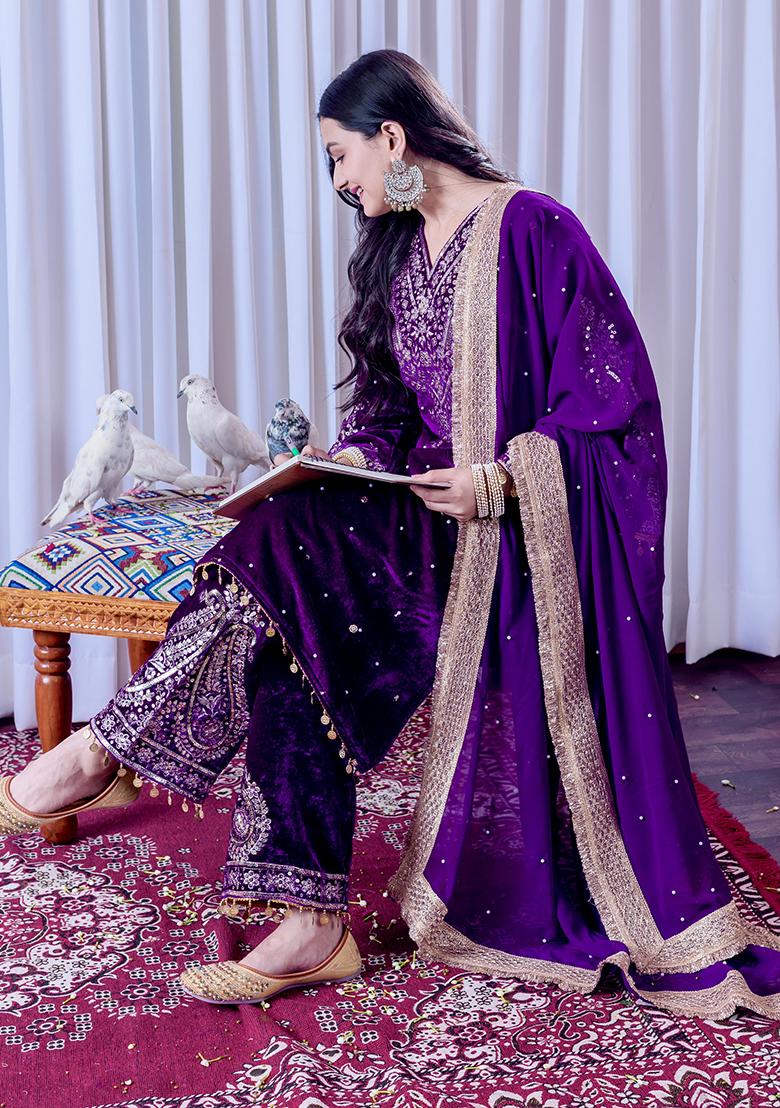 Purple Printed Velvet Salwar Suit - Indya