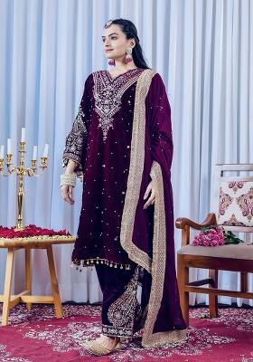 Rani Pink Printed Velvet Salwar Suit