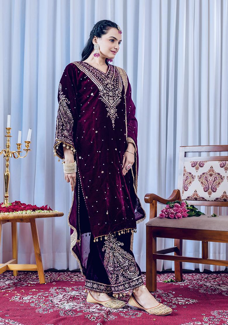 Rani Pink Printed Velvet Salwar Suit - Indya