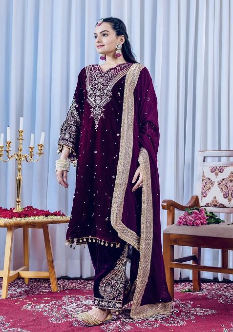 Rani Pink Printed Velvet Salwar Suit