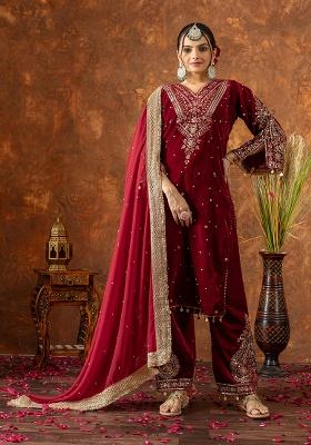 Red Printed Velvet Salwar Suit