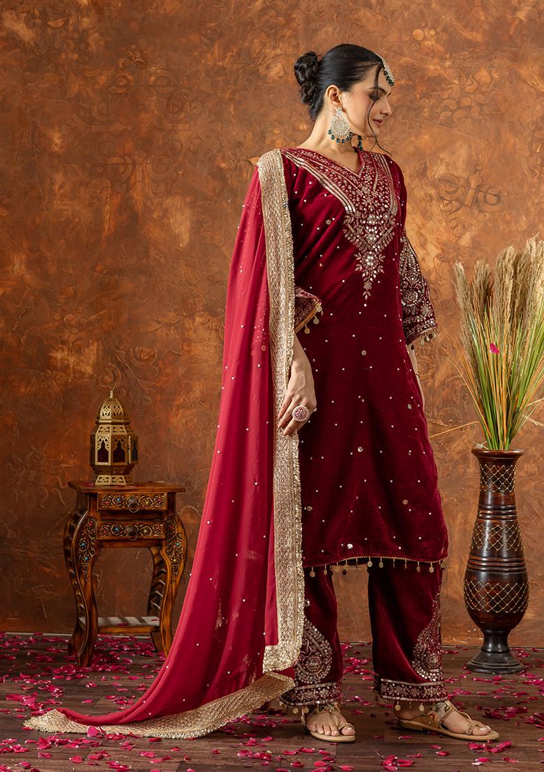 Red Printed Velvet Salwar Suit - Indya