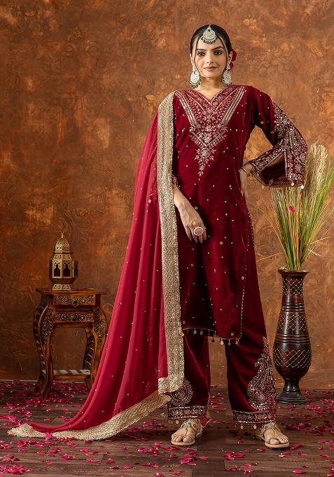 Red Printed Velvet Salwar Suit