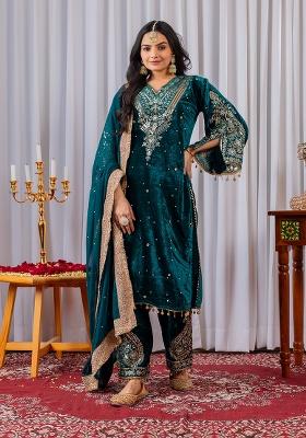 Teal Printed Velvet Salwar Suit