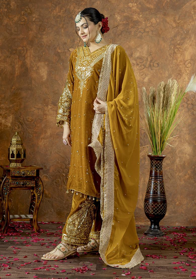 Yellow Printed Velvet Salwar Suit - Indya