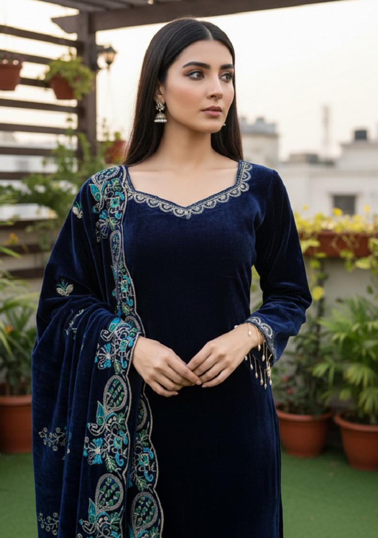 Blue Printed Velvet Salwar Suit - Indya