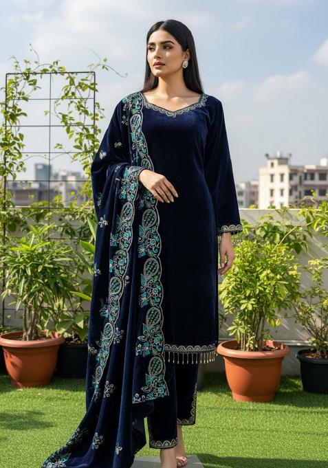 Blue Printed Velvet Salwar Suit