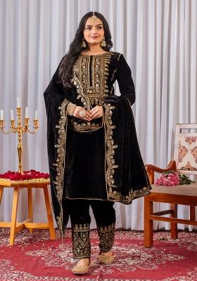 Black Printed Velvet Salwar Suit
