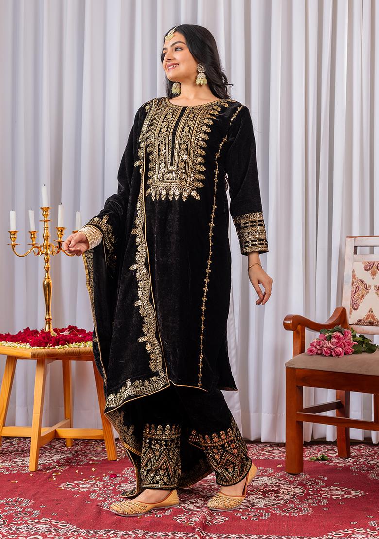 Black Printed Velvet Salwar Suit - Indya