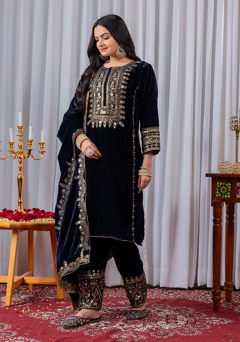 Blue Printed Velvet Salwar Suit - Indya