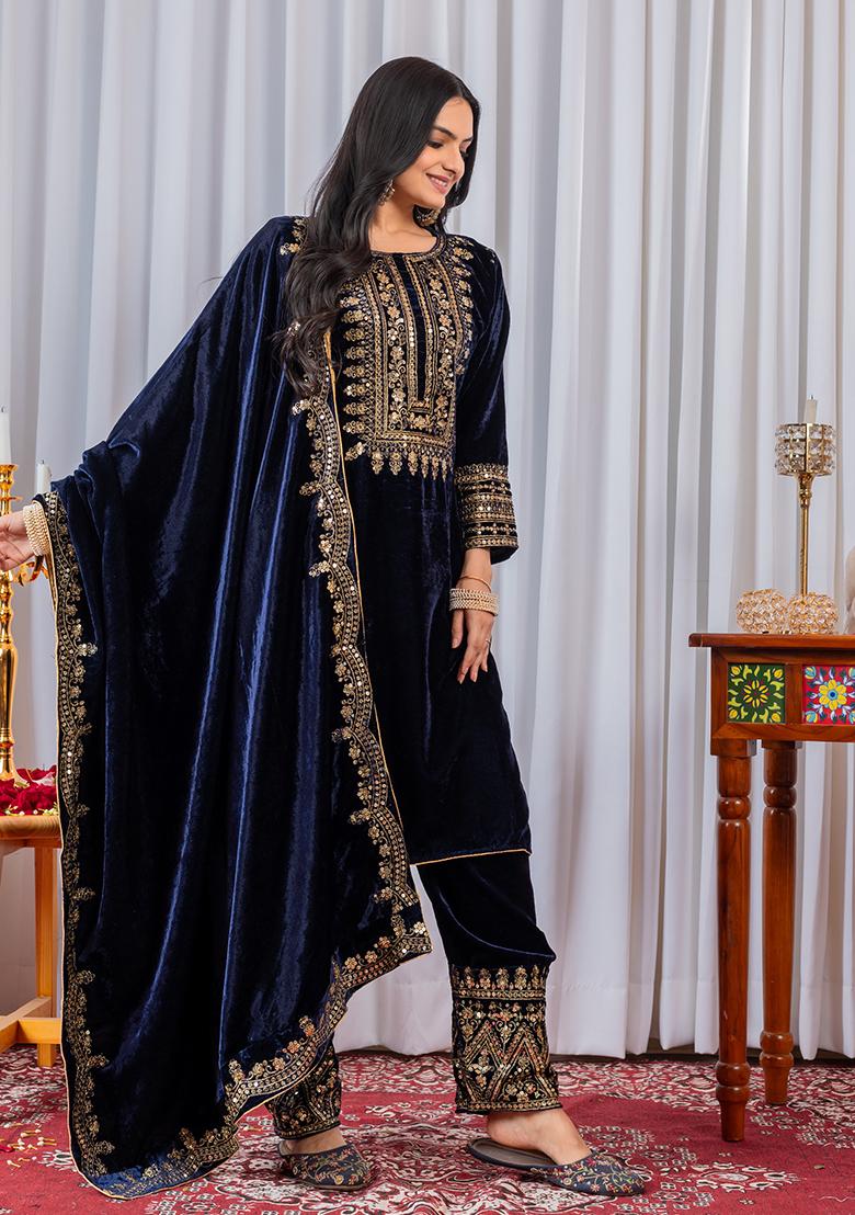 Blue Printed Velvet Salwar Suit - Indya