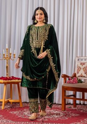 Green Printed Velvet Salwar Suit
