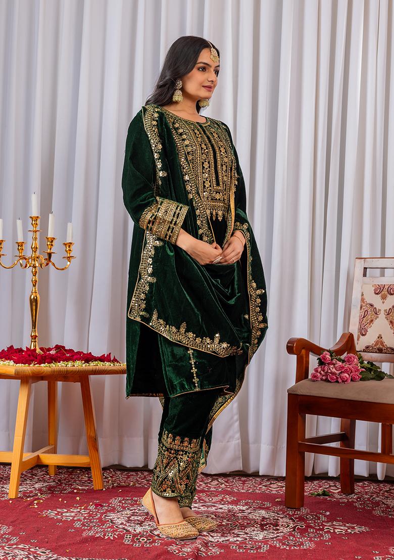 Green Printed Velvet Salwar Suit - Indya