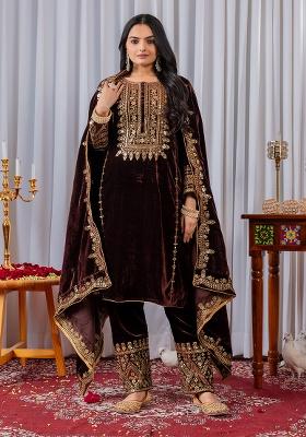 Maroon Printed Velvet Salwar Suit