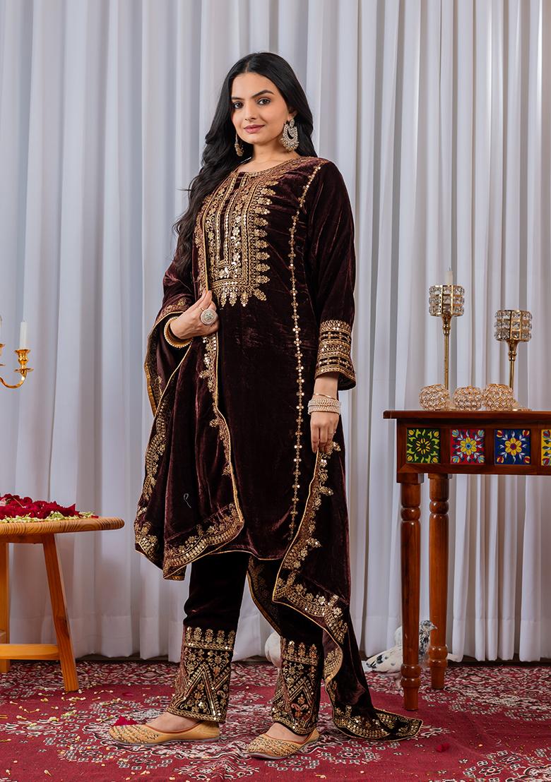 Maroon Printed Velvet Salwar Suit - Indya