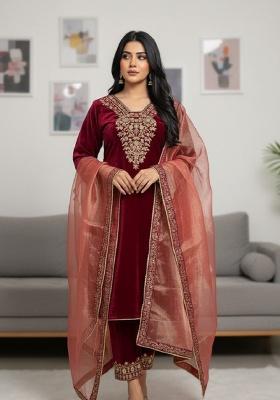 Red Printed Velvet Salwar Suit