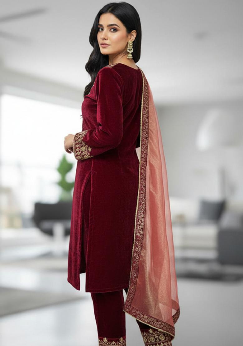Red Printed Velvet Salwar Suit - Indya