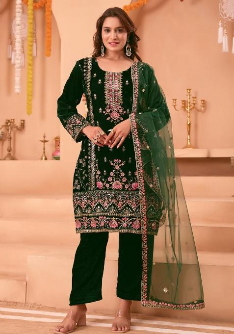 Green Printed Velvet Salwar Suit