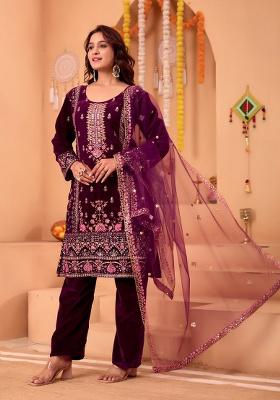 Purple Printed Velvet Salwar Suit