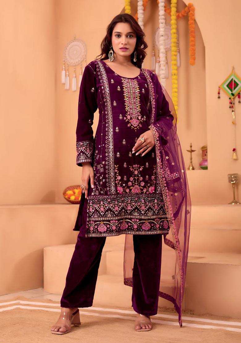 Purple Printed Velvet Salwar Suit - Indya