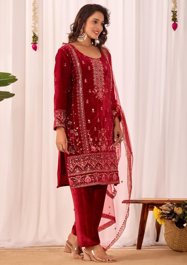 Red Printed Velvet Salwar Suit - Indya