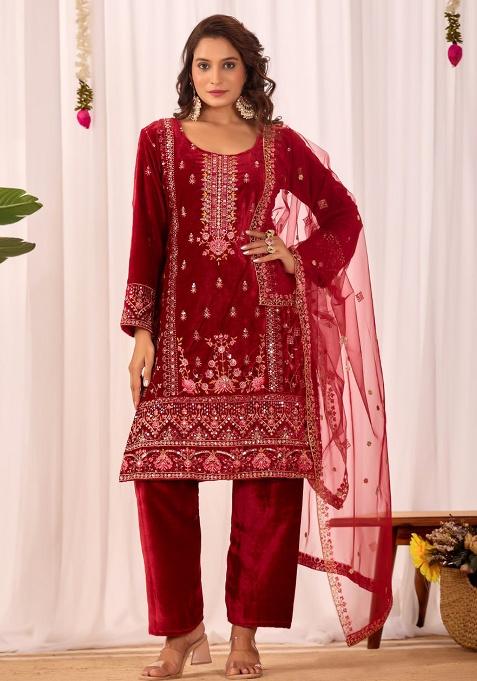 Red Printed Velvet Salwar Suit
