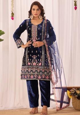Blue Printed Velvet Salwar Suit