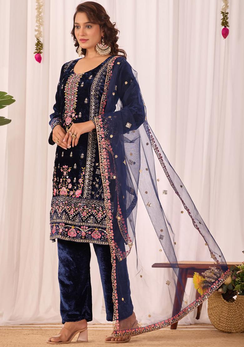 Blue Printed Velvet Salwar Suit - Indya