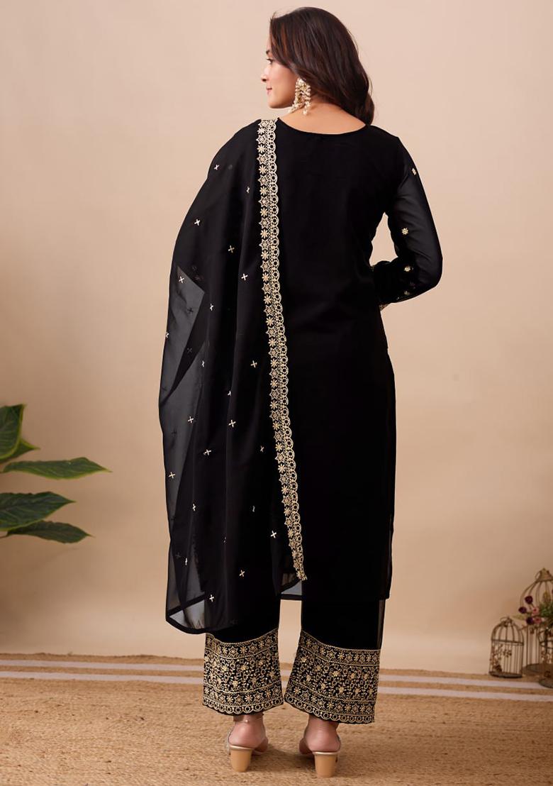 Black Printed Velvet Salwar Suit - Indya